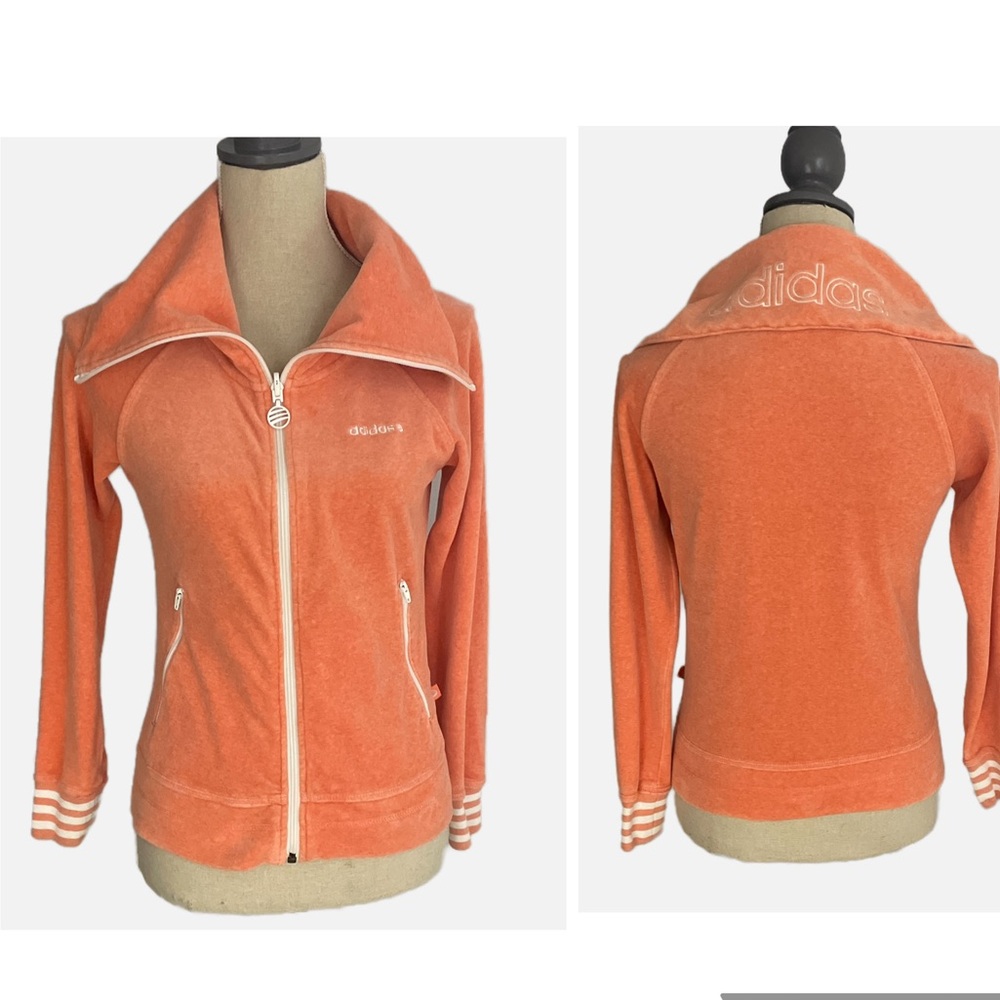 Adidas Full‎ Zip Track Jacket Women Small Orange Velour Embroidered Logo